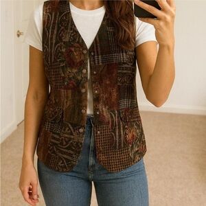 Dark Academia Brown Vintage Vest Unique Patchwork Women‎ Large Boho Cottage